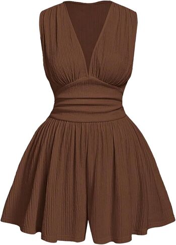 SOLY HUX Women's Plus Size Ruched Deep V Neck Romper Summer Sleeveless Wide leg Short Jumpsuits in Saudi Arabia
