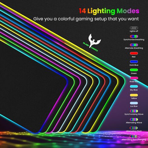 لوحة ماوس ألعاب BladeHawks كبيرة جدًا RGB - 14 وضعًا للضوء، لوحة ماوس LED ناعمة ممتدة، قاعدة مطاطية مضادة للانزلاق، حصيرة لوحة مفاتيح الكمبيوتر (31.5 × 12 بوصة) in Saudi Arabia