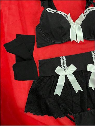 WDIRARA Women's 5 Piece Bow Lace Trim Lingerie Set Ruffle Underwire Bra Panty Sets with Skirt and Stockings in Saudi Arabia