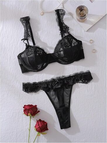 SweatyRocks Women's 2 Piece Bra and Panty Set Mesh Lace Underwire Push Up Sexy Lingerie Sets in Saudi Arabia