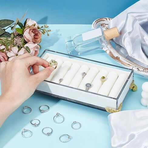 PH PandaHall Velvet Slots Ring Holder for Jewelry Organizer, Acrylic Organizer Ring Display Trays Rectangle Bench Shape Earring Ring Display Stand for Women for Jewelry Box, Drawer, Dresser, Beige in Saudi Arabia