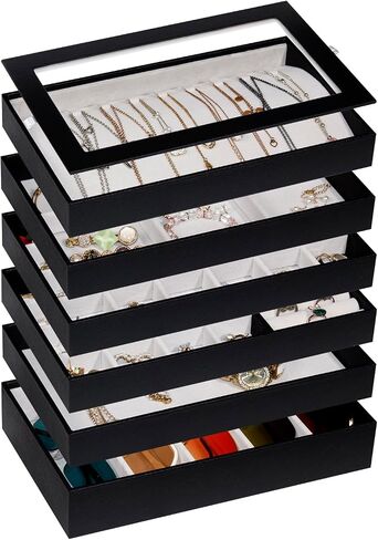 Stackable Jewelry Organizer Trays with Glass Lid, Drawer Insert PU Leather Jewelry Drawer Organizer, Earring Necklace Ring Watch Bracelet Jewelry Storage Display Tray，6 tier，Black in Kuwait