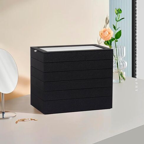 Stackable Jewelry Organizer Trays with Glass Lid, Drawer Insert PU Leather Jewelry Drawer Organizer, Earring Necklace Ring Watch Bracelet Jewelry Storage Display Tray，6 tier，Black in Kuwait