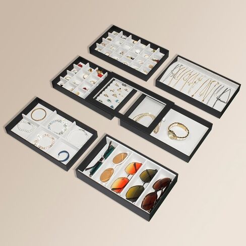 Stackable Jewelry Organizer Trays with Glass Lid, Drawer Insert PU Leather Jewelry Drawer Organizer, Earring Necklace Ring Watch Bracelet Jewelry Storage Display Tray，6 tier，Black in Kuwait
