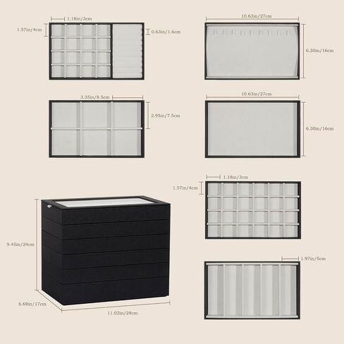Stackable Jewelry Organizer Trays with Glass Lid, Drawer Insert PU Leather Jewelry Drawer Organizer, Earring Necklace Ring Watch Bracelet Jewelry Storage Display Tray，6 tier，Black in Kuwait