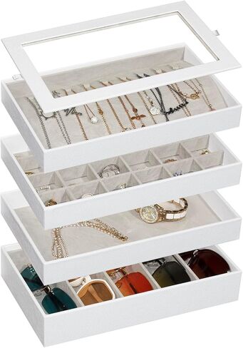 Stackable Jewelry Organizer Trays with Glass Lid, Drawer Insert PU Leather Jewelry Drawer Organizer, Earring Necklace Ring Watch Bracelet Jewelry Storage Display Tray，6 tier，Black in Kuwait