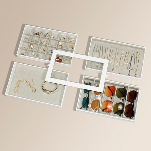 Stackable Jewelry Organizer Trays with Glass Lid, Drawer Insert PU Leather Jewelry Drawer Organizer, Earring Necklace Ring Watch Bracelet Jewelry Storage Display Tray，6 tier，Black in Kuwait