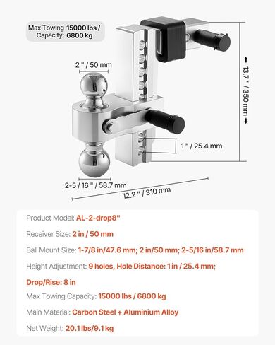 VEVOR Adjustable Trailer Hitch, 8-Inch Drop Hitch, Tri-Ball Mount for 2-Inch Hitch Receiver, Trailer Ball Size 1-7/8", 2" and 2-5/16", Max 15000 lbs Ball Hitch, Towing Hitch for RVs, ATVs, and Trucks in Saudi Arabia