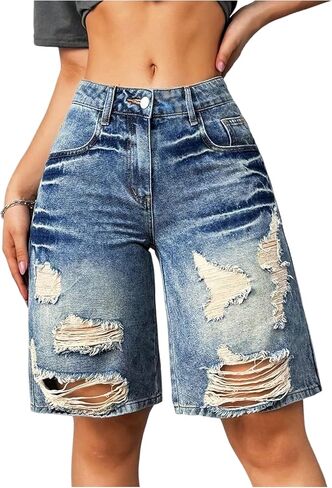 WDIRARA Women's Ripped Raw Hem Bermuda Denim Shorts Mid Rise Distressed Jean Shorts Streetwear in Saudi Arabia