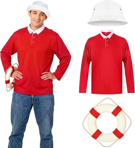 Men Shirt Hat Outfit with Life Preserver Ring Decorative, Adult Halloween Cosplay Shirt Cap Suit Set in Saudi Arabia