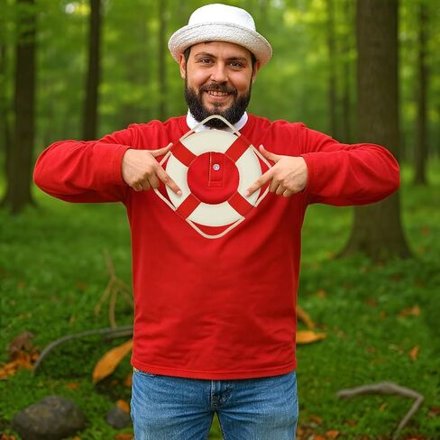 Men Shirt Hat Outfit with Life Preserver Ring Decorative, Adult Halloween Cosplay Shirt Cap Suit Set in Saudi Arabia