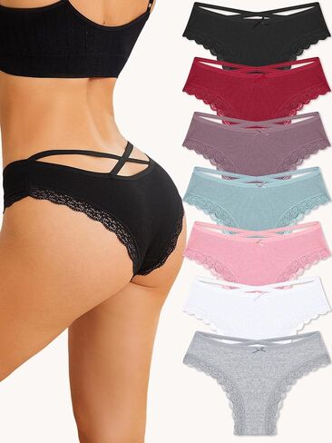 7 Pack Womens Underwear Cotton Low Rise Hipster Sexy Lace Briefs Soft Bikini Criss Cross Ladies Panties in Saudi Arabia