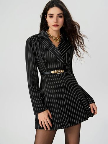 فستان CIDER Blazer للنساء للعمل والمكتب، فستان قصير بياقة وأزرار وفتحة مع حزام in Saudi Arabia