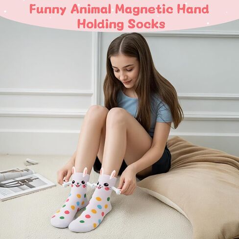 Funny Bunny Socks, Crazy Animal Magnetic Hand Holding Socks Anniversary Birthday Gifts for Women Friends Teen Girls in Kuwait