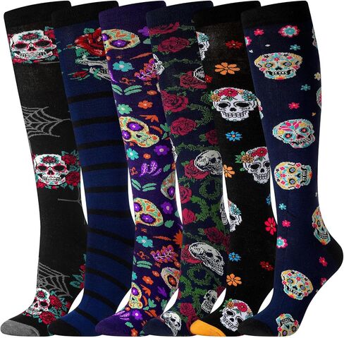 6 Pairs Sugar Skull Socks for Women Men Day of The Dead Gifts Novelty Colorful Calavera Halloween Skeleton Knee High Cotton Socks for Día De Muertos Sugar Skull Lovers in Saudi Arabia