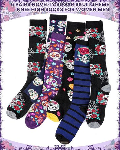 6 Pairs Sugar Skull Socks for Women Men Day of The Dead Gifts Novelty Colorful Calavera Halloween Skeleton Knee High Cotton Socks for Día De Muertos Sugar Skull Lovers in Saudi Arabia