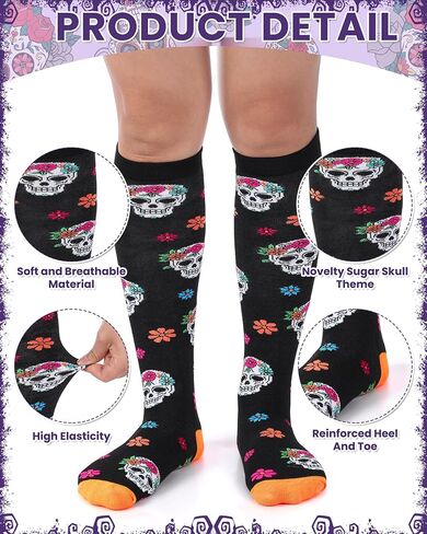 6 Pairs Sugar Skull Socks for Women Men Day of The Dead Gifts Novelty Colorful Calavera Halloween Skeleton Knee High Cotton Socks for Día De Muertos Sugar Skull Lovers in Saudi Arabia