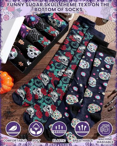 6 Pairs Sugar Skull Socks for Women Men Day of The Dead Gifts Novelty Colorful Calavera Halloween Skeleton Knee High Cotton Socks for Día De Muertos Sugar Skull Lovers in Saudi Arabia