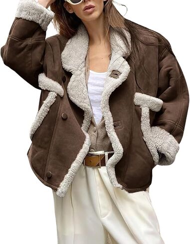 chouyatou Womens Winter Thicken Faux Suede Leather Jacket Coat Notch Lapel Sherpa Lined Fleece Outerwear in Saudi Arabia