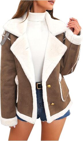Women's Faux Suede Jacket Sherpa Lined Fur Leather Winter Warm Shearling Sherpa-Lined Fuzzy Fleece Lapel Jackets in Saudi Arabia