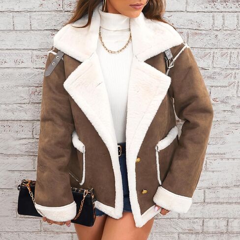 Women's Faux Suede Jacket Sherpa Lined Fur Leather Winter Warm Shearling Sherpa-Lined Fuzzy Fleece Lapel Jackets in Saudi Arabia