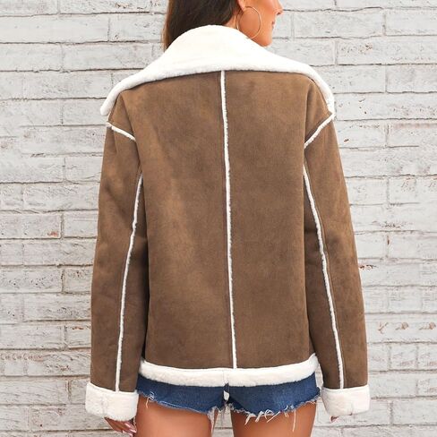 Women's Faux Suede Jacket Sherpa Lined Fur Leather Winter Warm Shearling Sherpa-Lined Fuzzy Fleece Lapel Jackets in Saudi Arabia