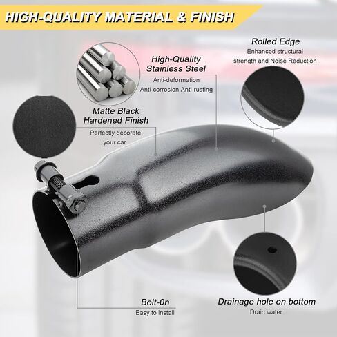 2.5 inch Inlet Curved Exhaust Tip, 3" Outlet 9" Overall Length Stainless Steel Turn Down Exhaust Tail Pipe, Bolt-On, Sleek Angle Cut, Polished Tailpipe, Black in Saudi Arabia