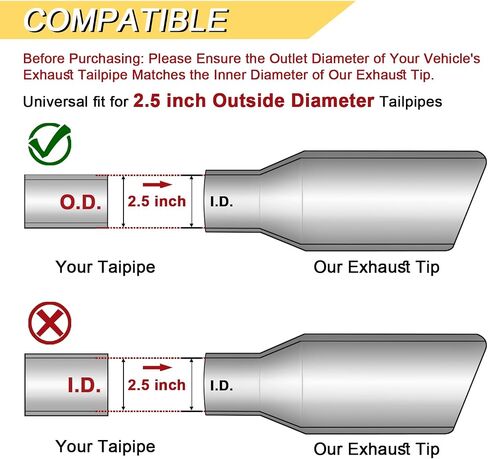 2.5 inch Inlet Curved Exhaust Tip, 3" Outlet 9" Overall Length Stainless Steel Turn Down Exhaust Tail Pipe, Bolt-On, Sleek Angle Cut, Polished Tailpipe, Black in Saudi Arabia