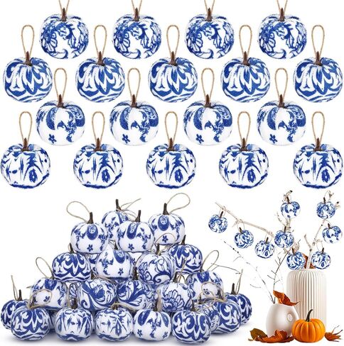 20 Pcs Fall Pumpkin Tree Ornament 2 Inches Blue and White Velvet Pumpkin Porcelain Decorations Fabric Wrapped Tree Fall Decor for Thanksgiving Day Autumn in Saudi Arabia