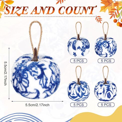 20 Pcs Fall Pumpkin Tree Ornament 2 Inches Blue and White Velvet Pumpkin Porcelain Decorations Fabric Wrapped Tree Fall Decor for Thanksgiving Day Autumn in Saudi Arabia