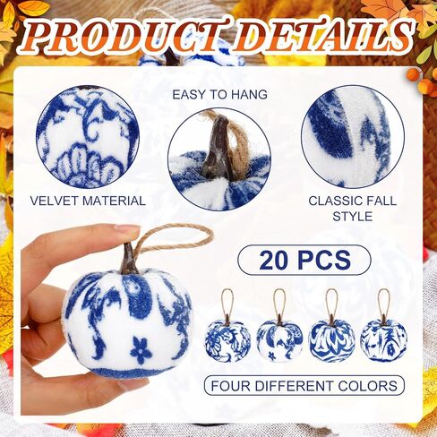 20 Pcs Fall Pumpkin Tree Ornament 2 Inches Blue and White Velvet Pumpkin Porcelain Decorations Fabric Wrapped Tree Fall Decor for Thanksgiving Day Autumn in Saudi Arabia