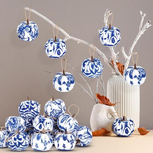 20 Pcs Fall Pumpkin Tree Ornament 2 Inches Blue and White Velvet Pumpkin Porcelain Decorations Fabric Wrapped Tree Fall Decor for Thanksgiving Day Autumn in Saudi Arabia