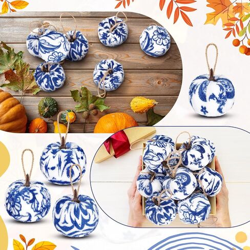 20 Pcs Fall Pumpkin Tree Ornament 2 Inches Blue and White Velvet Pumpkin Porcelain Decorations Fabric Wrapped Tree Fall Decor for Thanksgiving Day Autumn in Saudi Arabia