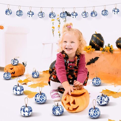 20 Pcs Fall Pumpkin Tree Ornament 2 Inches Blue and White Velvet Pumpkin Porcelain Decorations Fabric Wrapped Tree Fall Decor for Thanksgiving Day Autumn in Saudi Arabia
