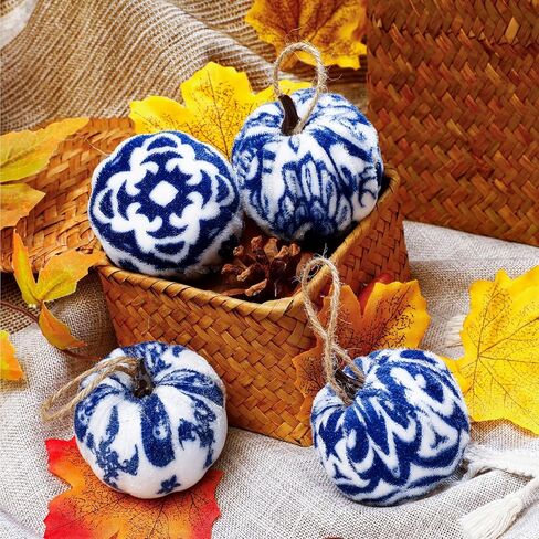 20 Pcs Fall Pumpkin Tree Ornament 2 Inches Blue and White Velvet Pumpkin Porcelain Decorations Fabric Wrapped Tree Fall Decor for Thanksgiving Day Autumn in Saudi Arabia