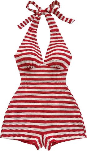 Verdusa Women's Striped Knit Halter Romper Sleeveless Backless One Piece Summer Vacation Outfits in Saudi Arabia