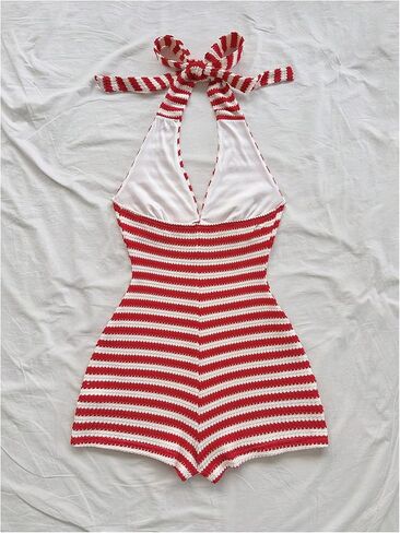 Verdusa Women's Striped Knit Halter Romper Sleeveless Backless One Piece Summer Vacation Outfits in Saudi Arabia