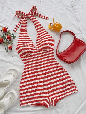 Verdusa Women's Striped Knit Halter Romper Sleeveless Backless One Piece Summer Vacation Outfits in Saudi Arabia