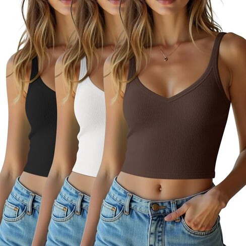 3 Pack Women's Spaghetti Strap Crop Top Ribbed Knit Basic V Neck Tank Top Cami Shirts in Kuwait