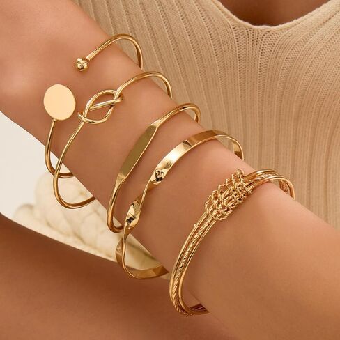 Gold Bracelets Set for Women, Stackable Boho Multi-layered Bracelets, Gold Bangle Bracelet, Multi Layer Stackable Cuff Bracelet Set, Trendy Elegance Charms Non Tarnish Minimalist Textured Boho Jewelry in Saudi Arabia