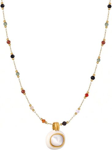 Women's Pendant Necklace Beaded Natural Stones with Malachite/White Shell Pendant -18K Gold-Plated Non-tarnish Necklace 18" + 2" Extension Dainty Jewelry in Saudi Arabia