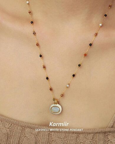 Women's Pendant Necklace Beaded Natural Stones with Malachite/White Shell Pendant -18K Gold-Plated Non-tarnish Necklace 18" + 2" Extension Dainty Jewelry in Saudi Arabia