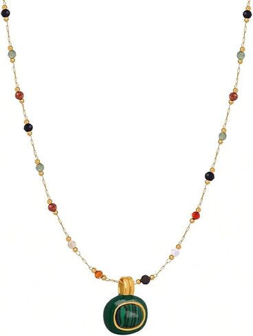 Women's Pendant Necklace Beaded Natural Stones with Malachite/White Shell Pendant -18K Gold-Plated Non-tarnish Necklace 18" + 2" Extension Dainty Jewelry in Saudi Arabia