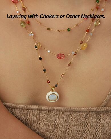 Women's Pendant Necklace Beaded Natural Stones with Malachite/White Shell Pendant -18K Gold-Plated Non-tarnish Necklace 18" + 2" Extension Dainty Jewelry in Saudi Arabia