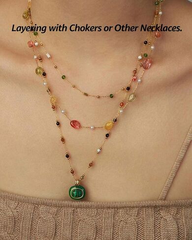 Women's Pendant Necklace Beaded Natural Stones with Malachite/White Shell Pendant -18K Gold-Plated Non-tarnish Necklace 18" + 2" Extension Dainty Jewelry in Saudi Arabia