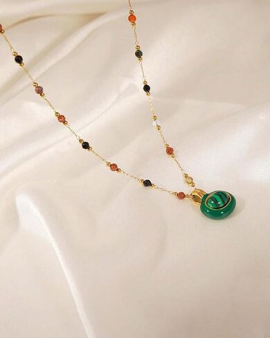 Women's Pendant Necklace Beaded Natural Stones with Malachite/White Shell Pendant -18K Gold-Plated Non-tarnish Necklace 18" + 2" Extension Dainty Jewelry in Saudi Arabia