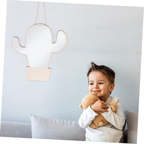 VICASKY Cactus Shape Boys and Girls Mirror Shatterproof Wooden Decorative Wall Accent for Nursery Boy Girl's Room Easy to Install Safe Design Khaki in Saudi Arabia