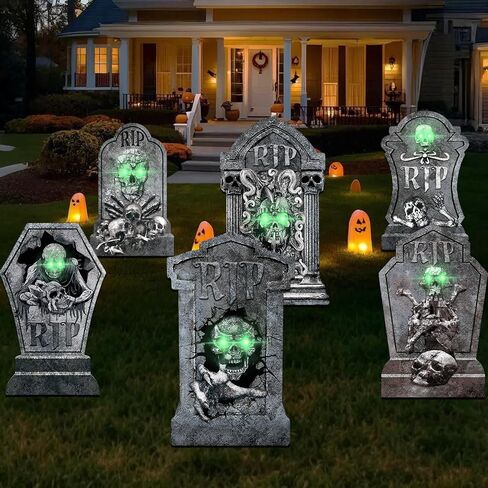 17 Inch Halloween Yard Signs Gravestones Glow in Dark Outdoor Decorations Tombstones for Graves Halloween Set with Stakes, RIP for Haunted Displays Cemetery Props 6Pcs in Saudi Arabia