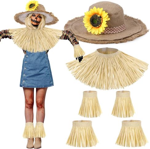 Jecery Adult Scarecrow Costume Accessories Women Scarecrow Hat with Raffia Straw Kit for Halloween Fall Party Khaki in Saudi Arabia