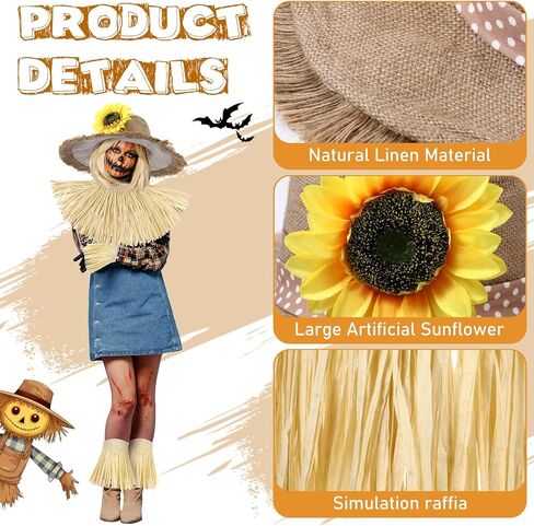 Jecery Adult Scarecrow Costume Accessories Women Scarecrow Hat with Raffia Straw Kit for Halloween Fall Party Khaki in Saudi Arabia